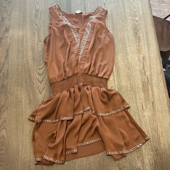 Venus Western Smocked Sleeveless Mini Tier Dress Satin Studded Brown Size 44 - Picture 1 of 6